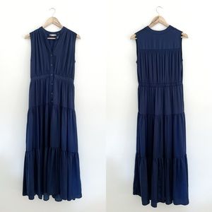 Soft Surroundings • Navy button-down sleeveless maxi dress ruffle tiers size XS